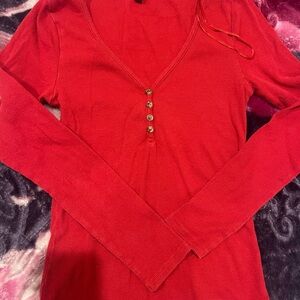 Red Long Sleeve V-Neck Top